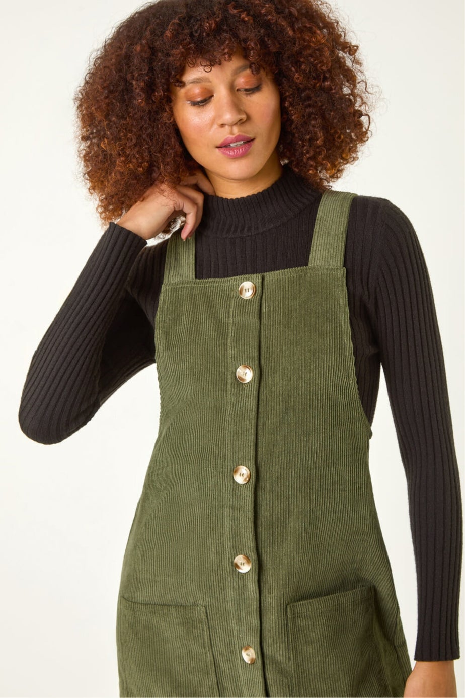 Roman Khaki Corduroy Pinafore Midi Dress