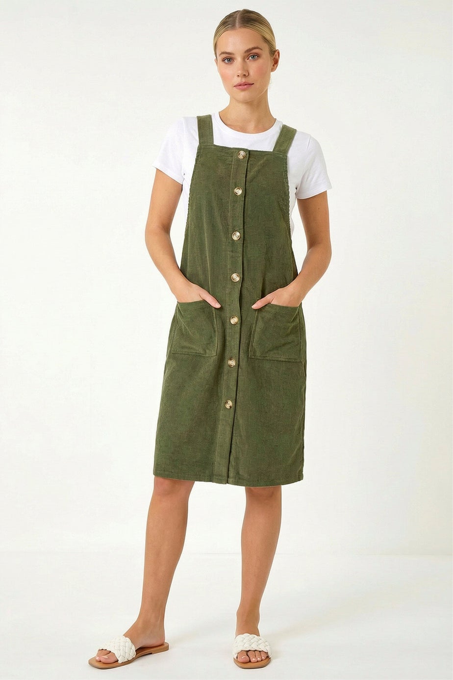 Roman Khaki Corduroy Pinafore Midi Dress