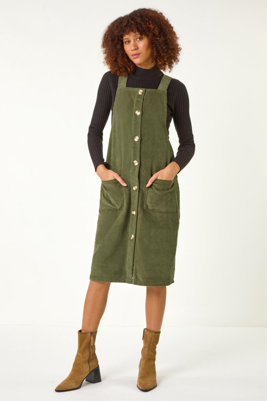 Roman Khaki Corduroy Pinafore Midi Dress