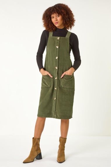 Roman Khaki Corduroy Pinafore Midi Dress