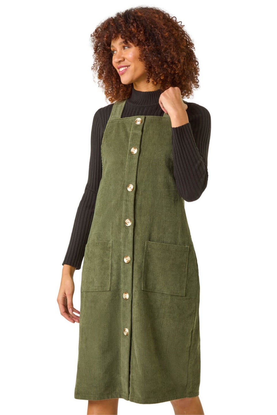 Roman Khaki Corduroy Pinafore Midi Dress