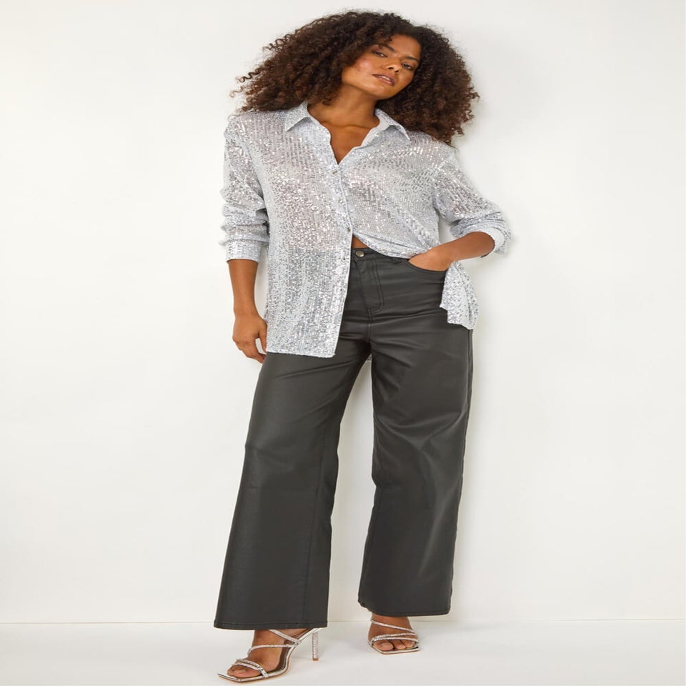 Dusk Silver Sequin Button Through Blouse
