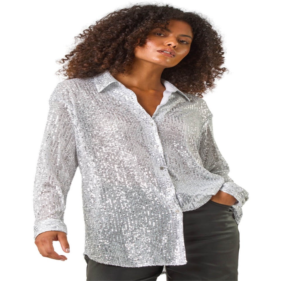 Dusk Silver Sequin Button Through Blouse