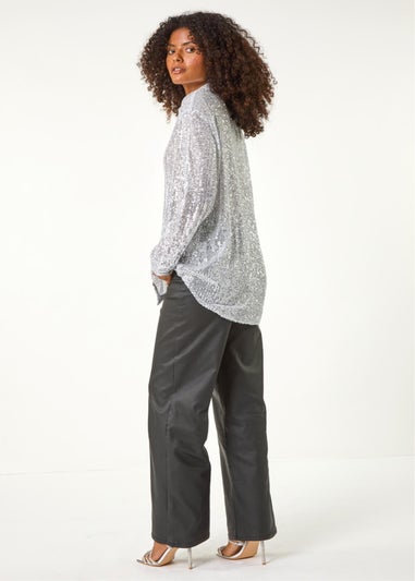 Dusk Silver Sequin Button Through Blouse