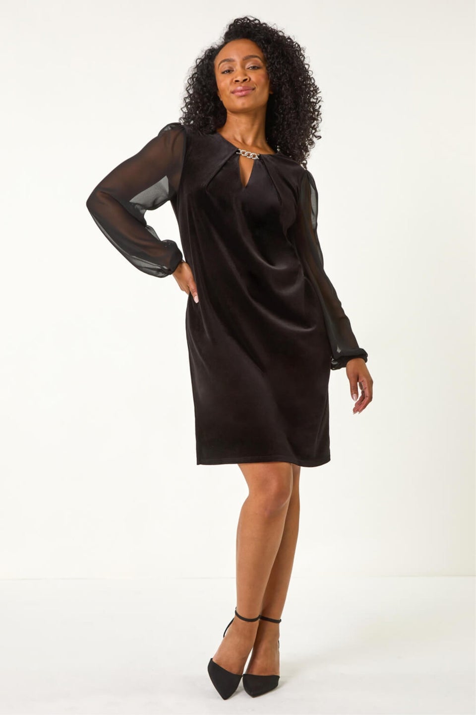 Roman Black Petite Contrast Sleeve Velvet Dress
