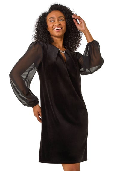 Roman Black Petite Contrast Sleeve Velvet Dress