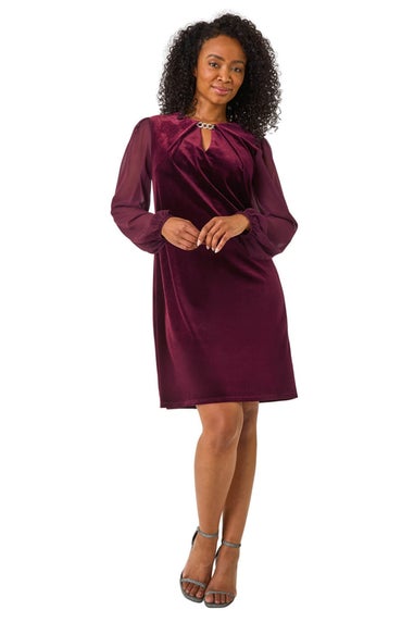 Roman Plum Petite Contrast Sleeve Velvet Dress
