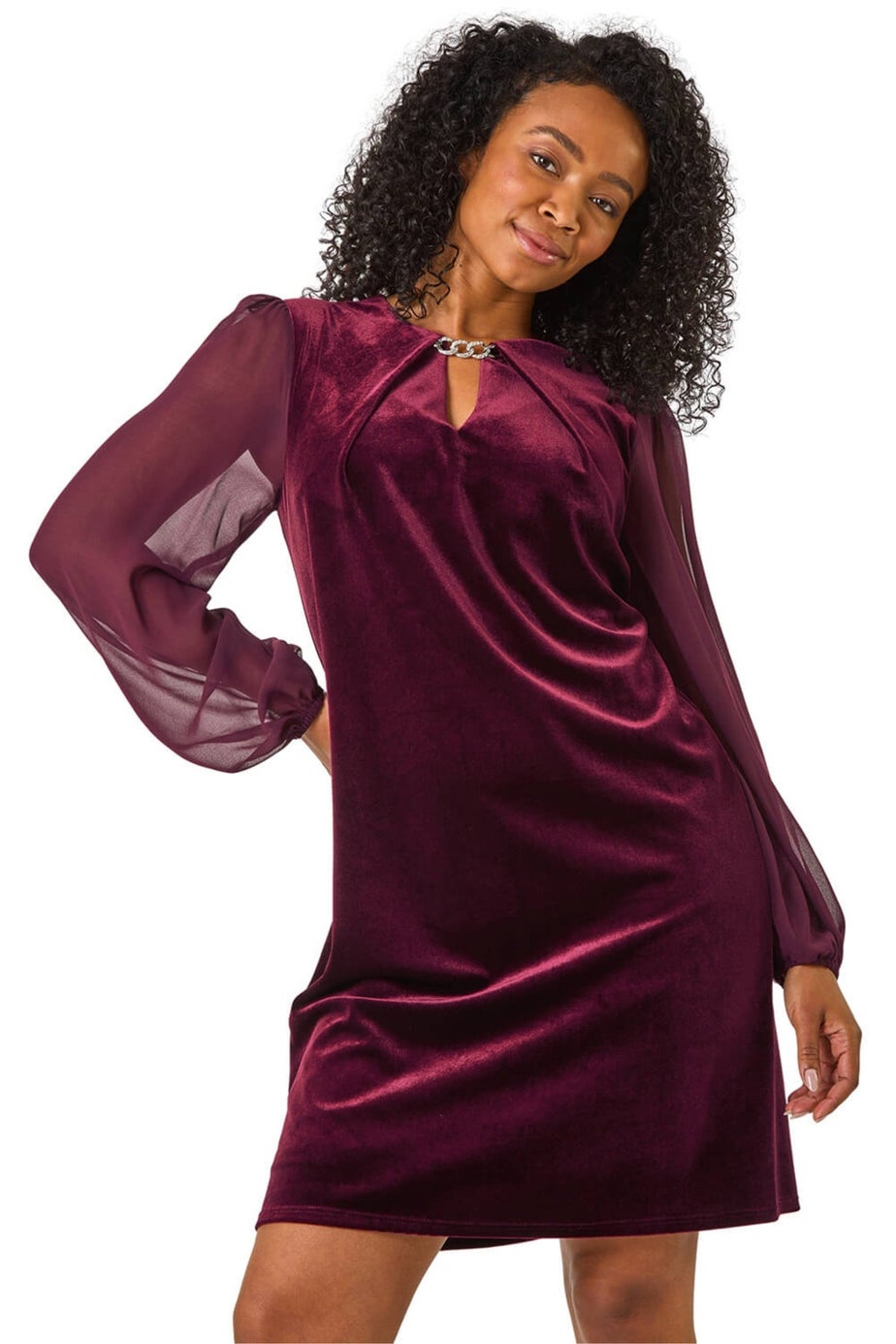 Roman Plum Petite Contrast Sleeve Velvet Dress