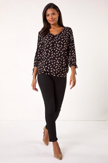 Roman Black Leaf Print Banded Stretch Top