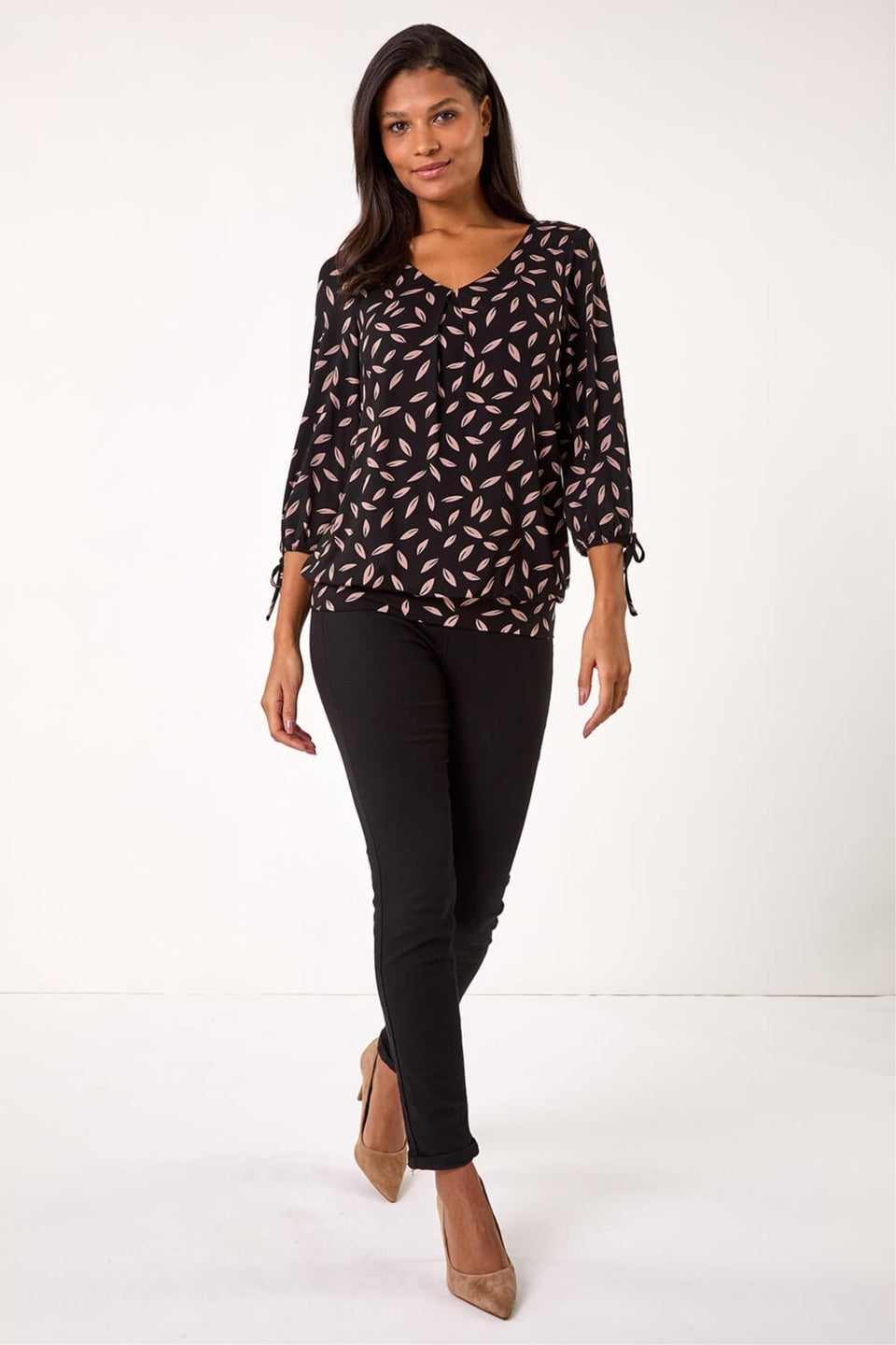 Roman Black Leaf Print Banded Stretch Top