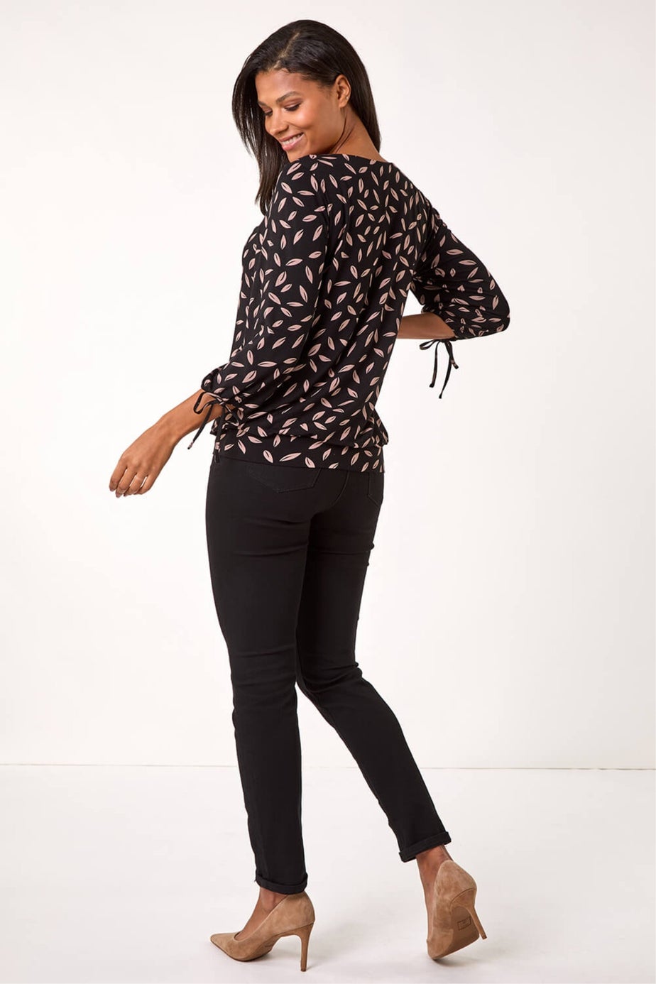 Roman Black Leaf Print Banded Stretch Top