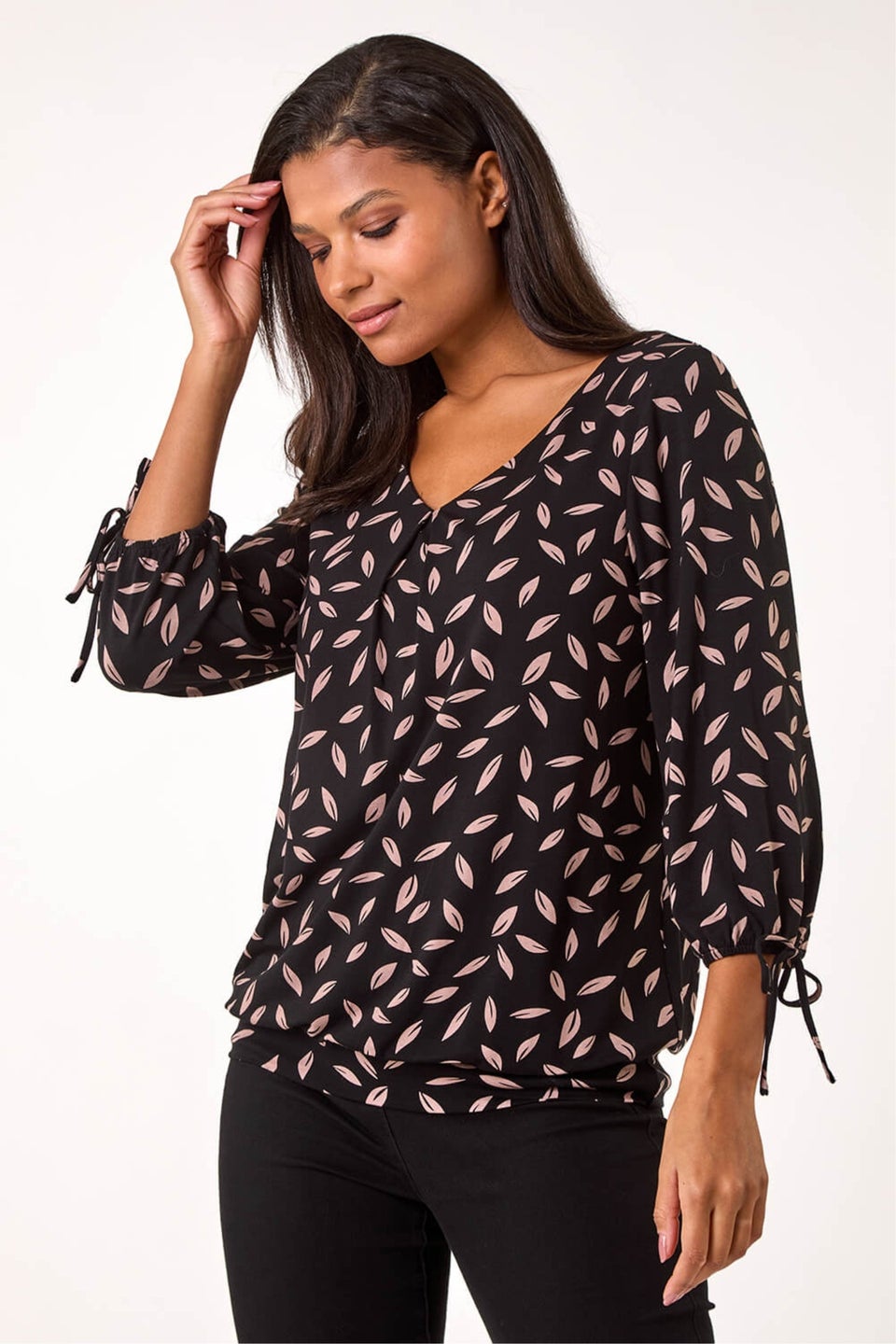 Roman Black Leaf Print Banded Stretch Top