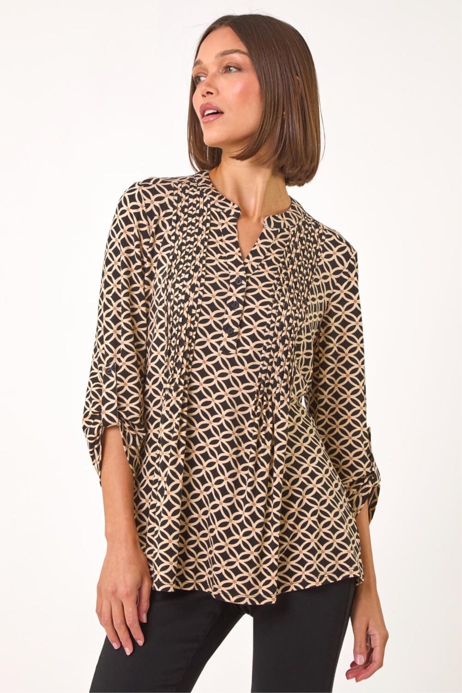 Roman Black Diamond Print Pintuck Pleat Shirt
