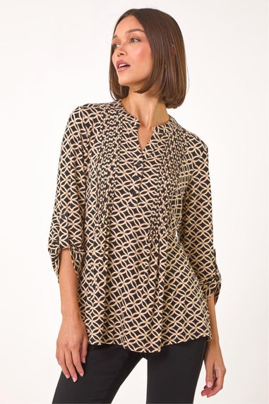 Roman Black Diamond Print Pintuck Pleat Shirt