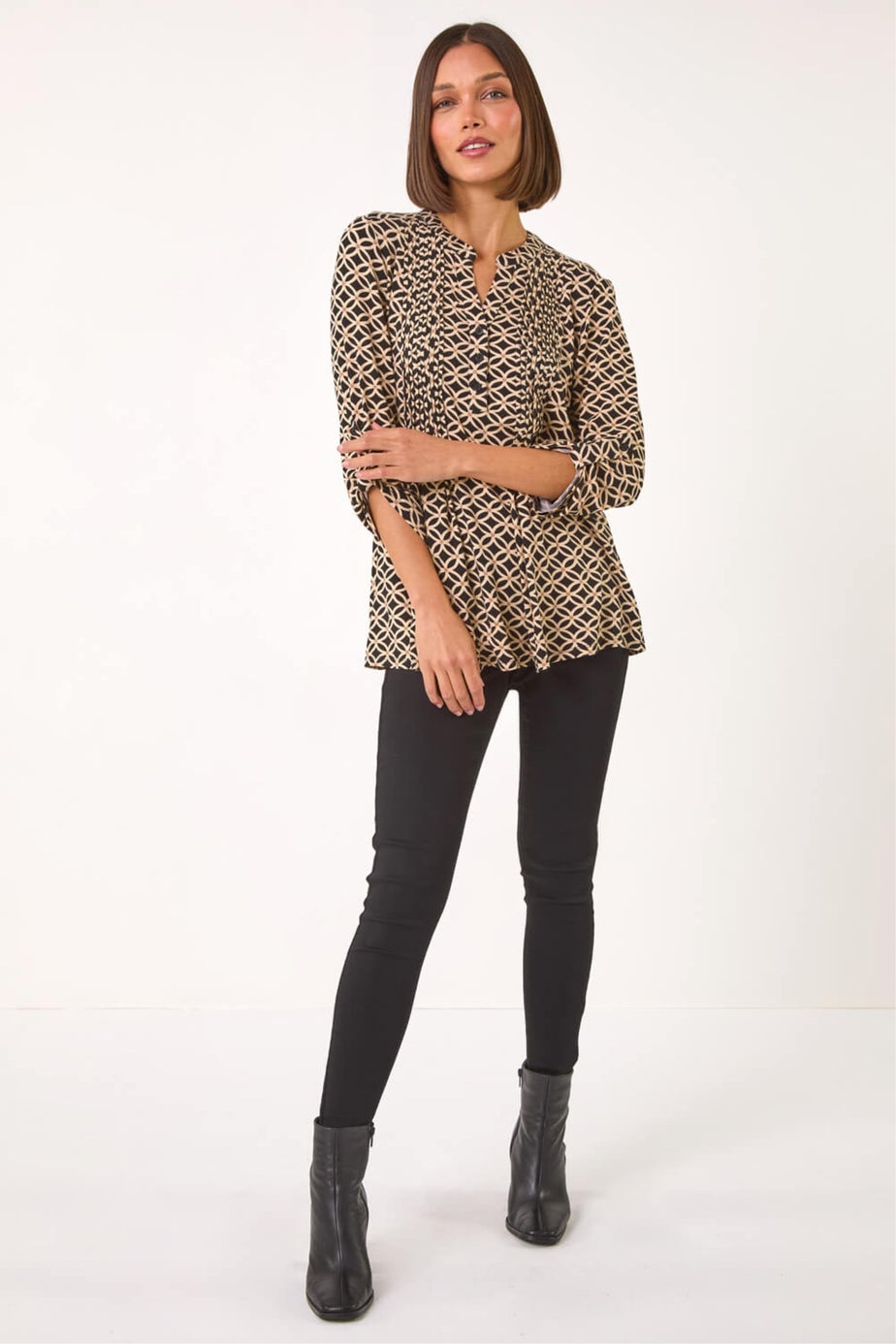 Roman Black Diamond Print Pintuck Pleat Shirt