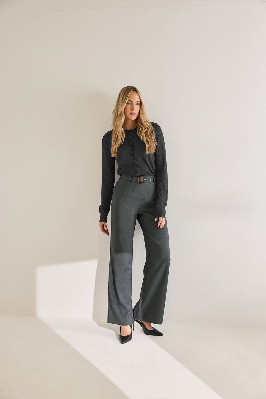 Long Tall Sally Charcoal Grey Buckle Belt Wide Leg Trousers