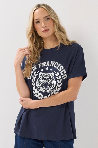 Long Tall Sally Navy Blue Cotton 'San Francisco' Slogan T-Shirt