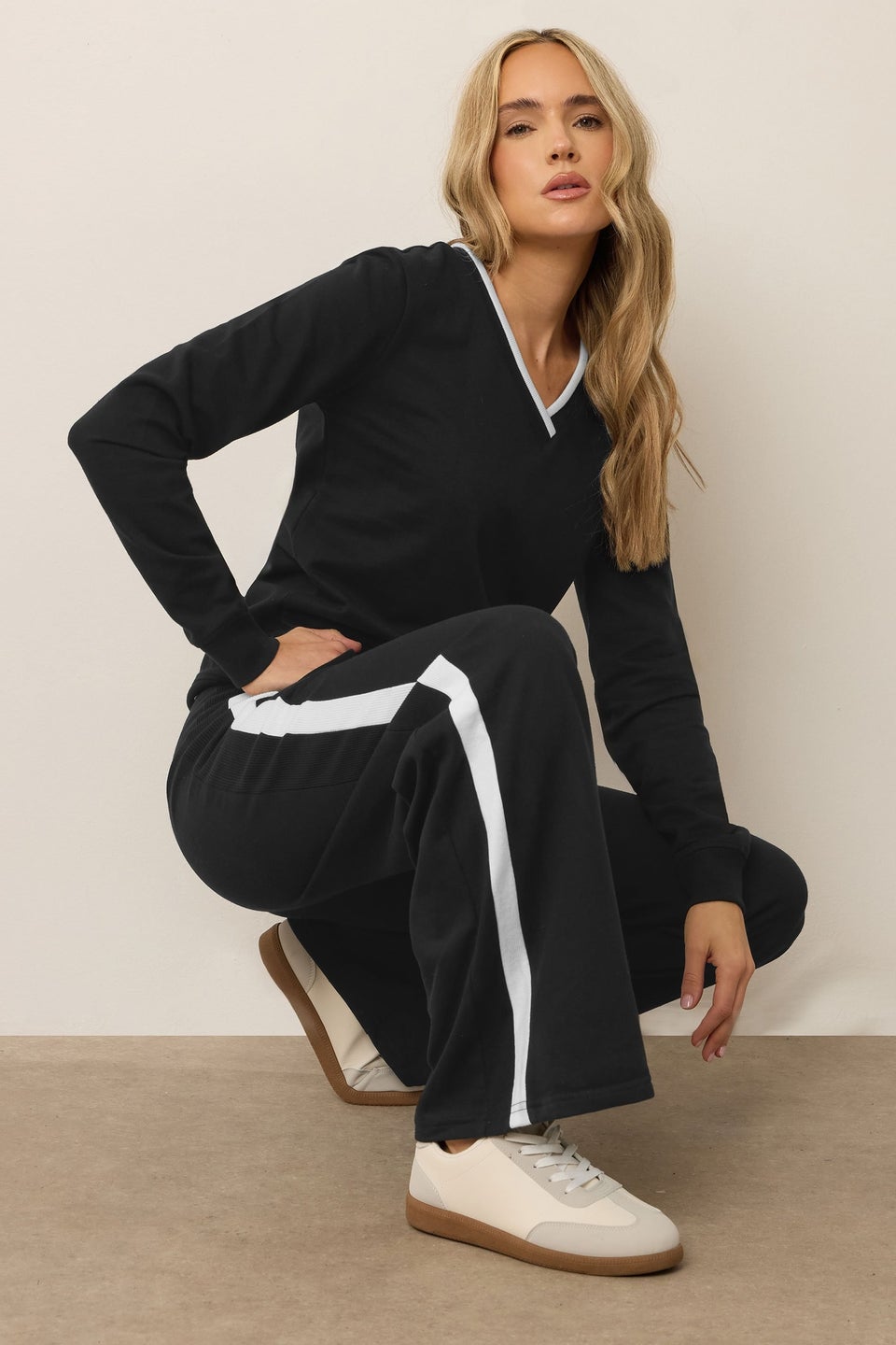 Long Tall Sally Black Ribbed Striped Wide Leg Joggers