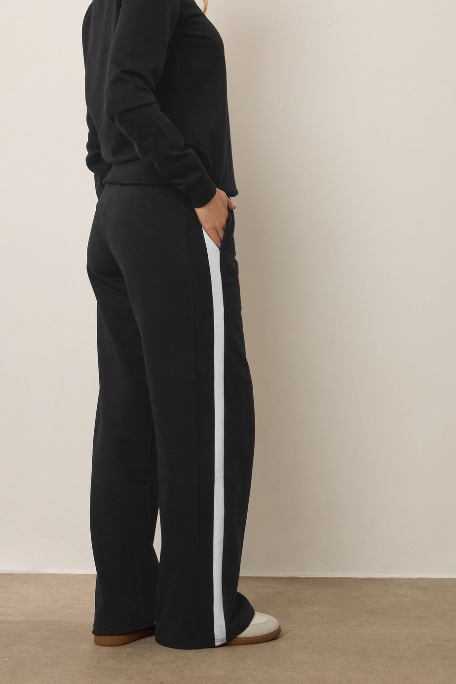 Long Tall Sally Black Ribbed Striped Wide Leg Joggers