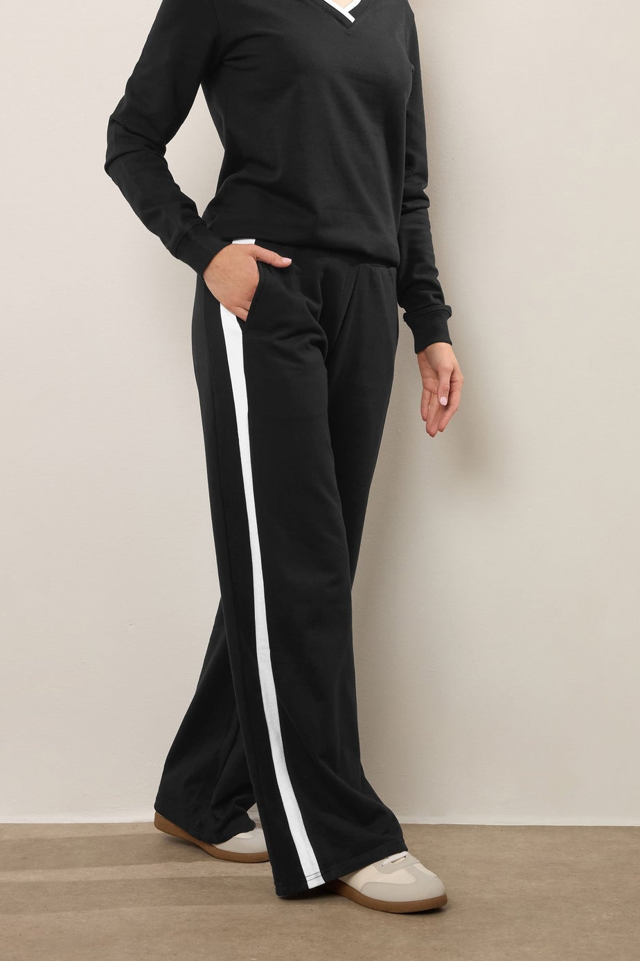 Long Tall Sally Black Ribbed Striped Wide Leg Joggers