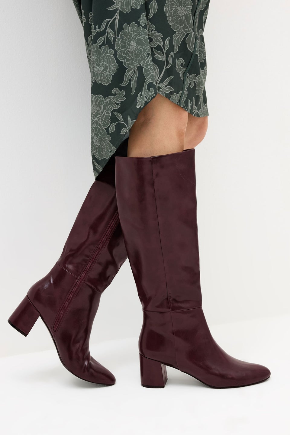 Long Tall Sally Burgundy Red Patent Knee High Block Boots