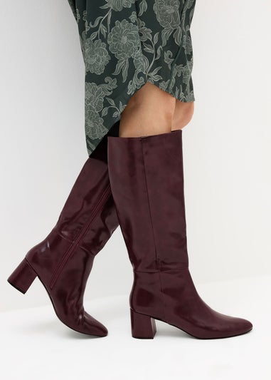 Long Tall Sally Burgundy Red Patent Knee High Block Boots