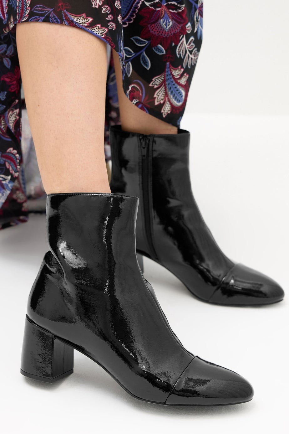 Long Tall Sally Black Patent Block Heel Ankle Boot