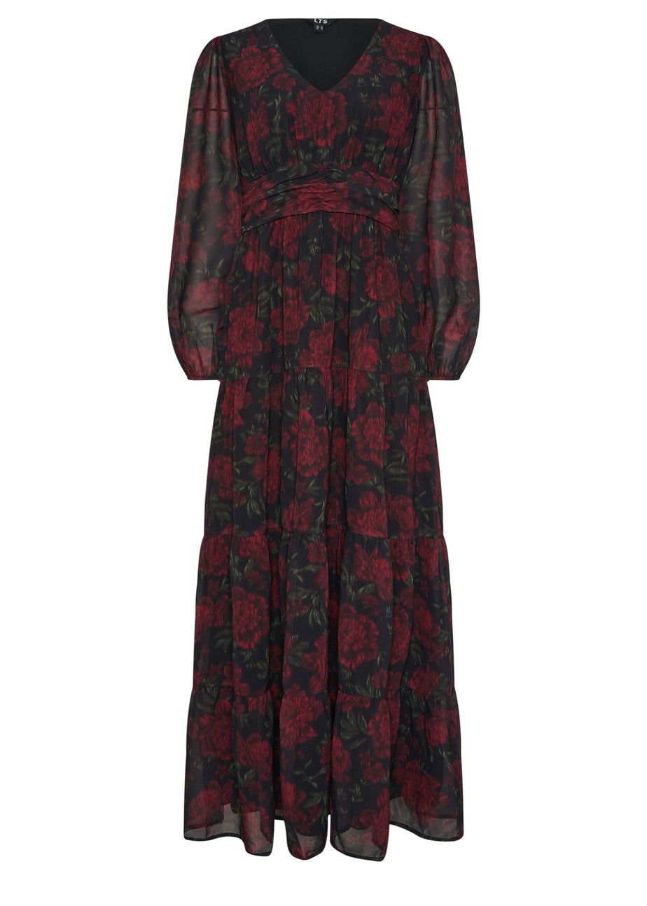 Long Tall Sally Black Blurred Rose Chiffon Tiered Dress