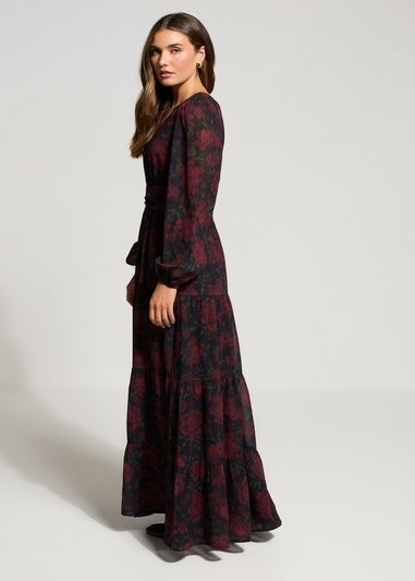 Long Tall Sally Black Blurred Rose Chiffon Tiered Dress