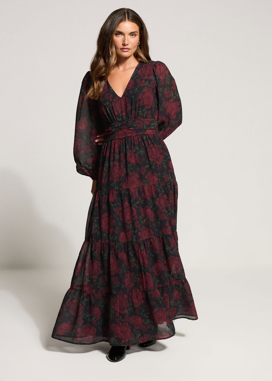 Long Tall Sally Black Blurred Rose Chiffon Tiered Dress