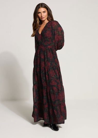 Long Tall Sally Black Blurred Rose Chiffon Tiered Dress
