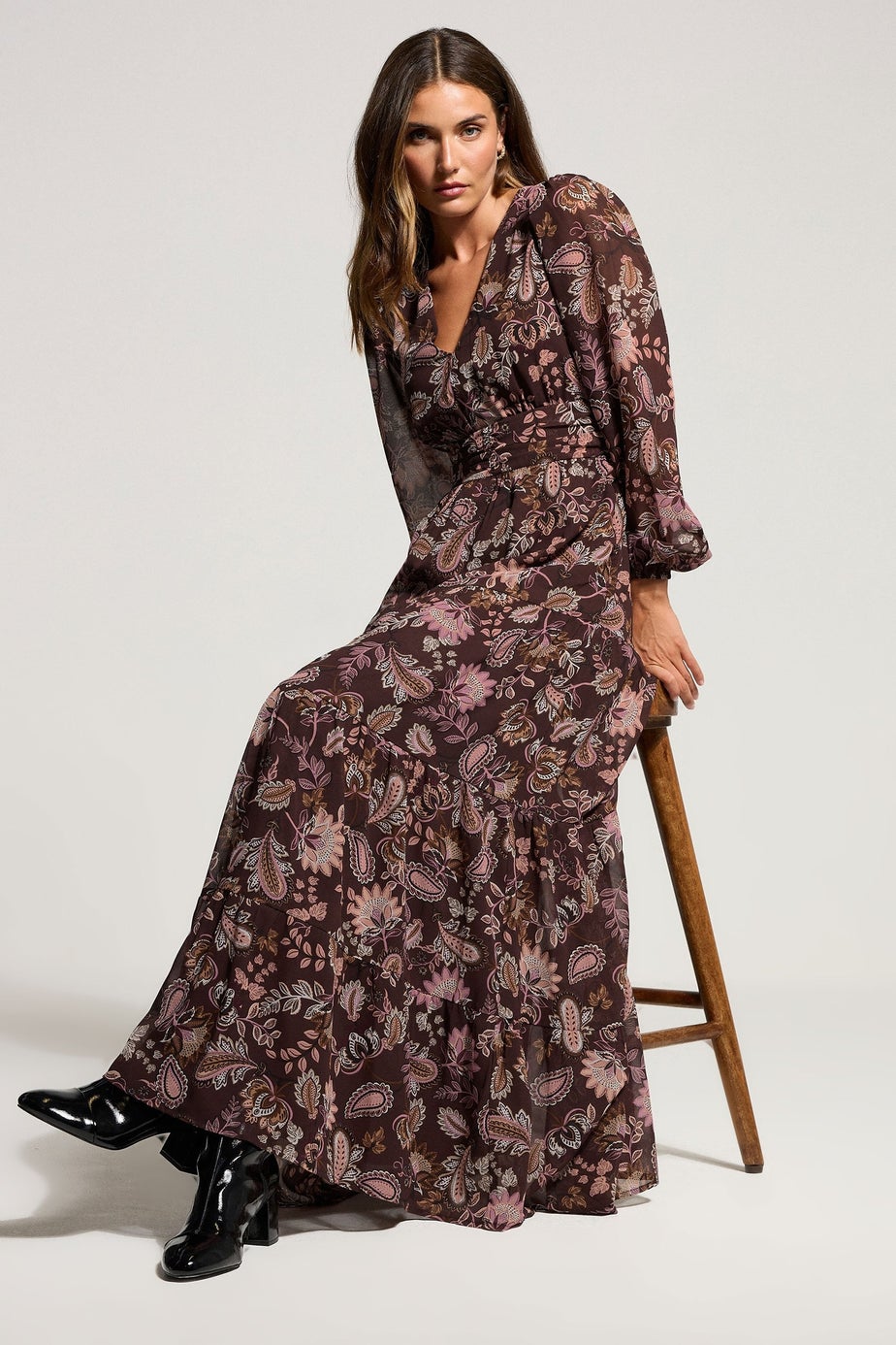 Long Tall Sally Chocolate Brown Paisley Chiffon Tiered Dress