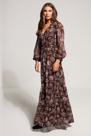 Long Tall Sally Chocolate Brown Paisley Chiffon Tiered Dress