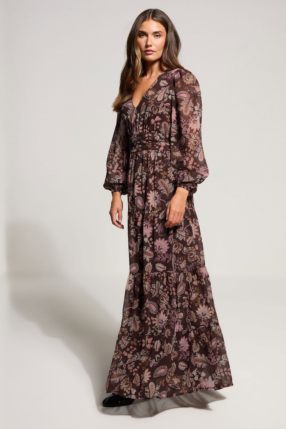 Long Tall Sally Chocolate Brown Paisley Chiffon Tiered Dress
