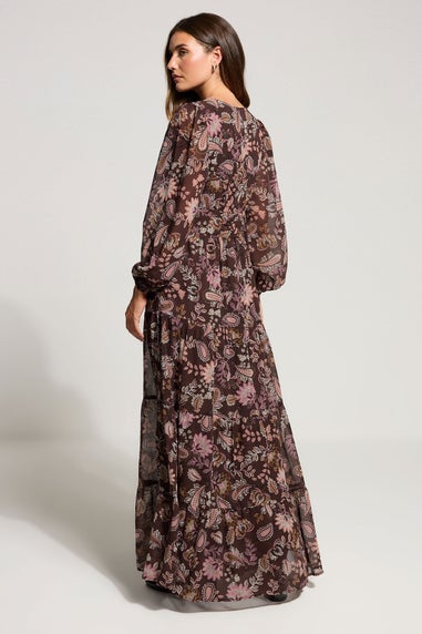 Long Tall Sally Chocolate Brown Paisley Chiffon Tiered Dress