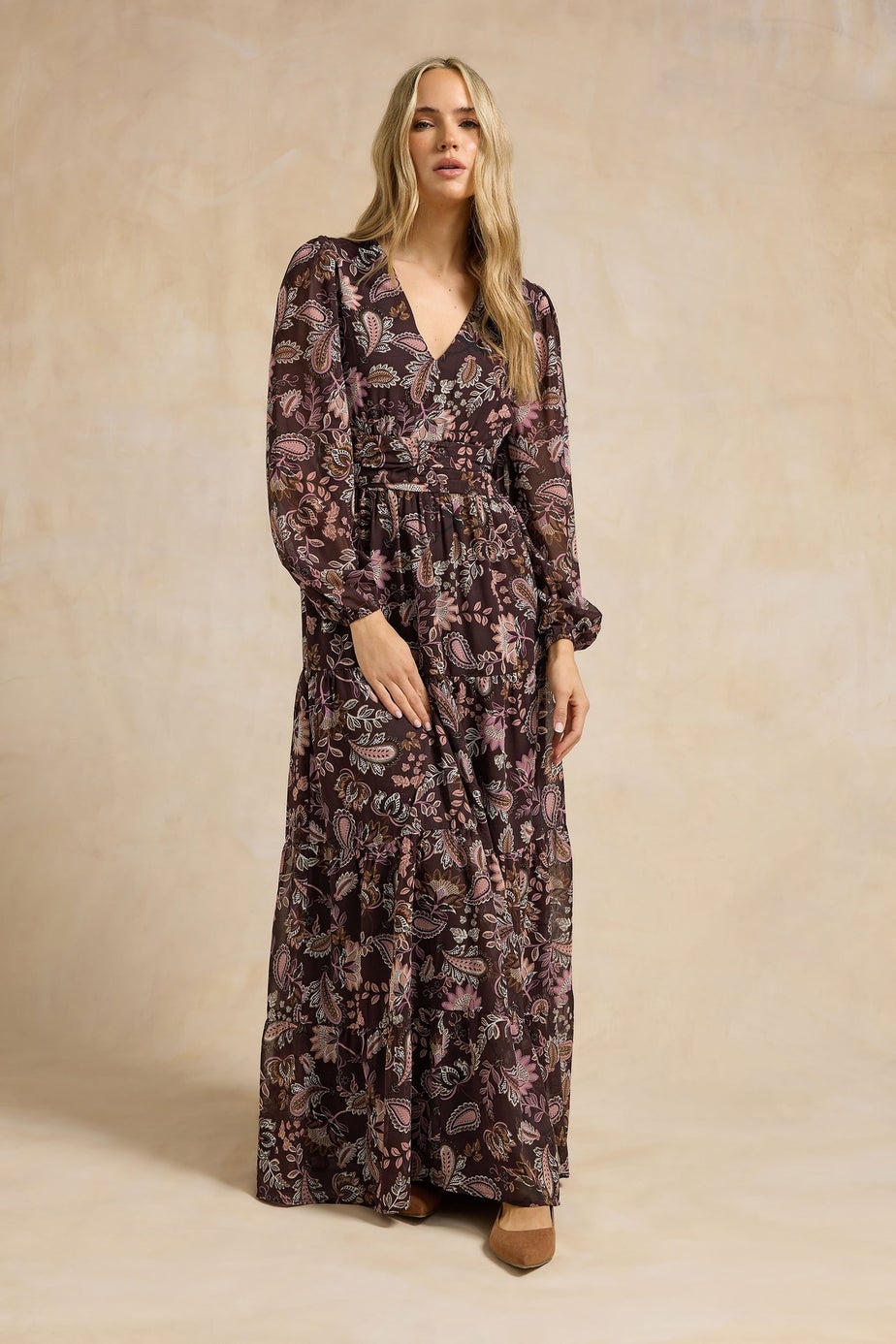 Long Tall Sally Chocolate Brown Paisley Chiffon Tiered Dress