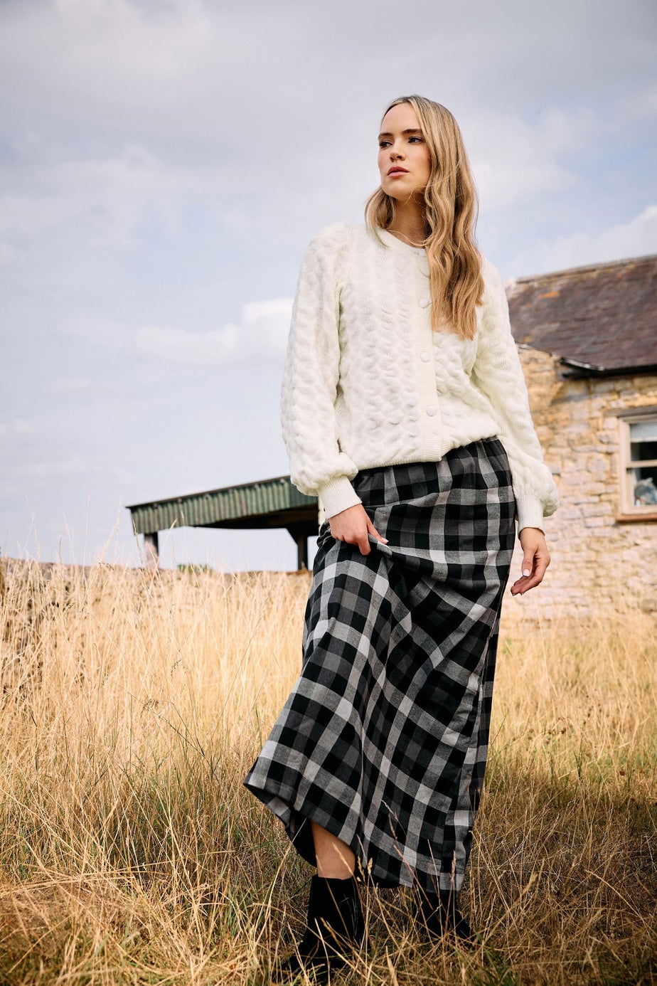 Long Tall Sally Black Cotton Check Side Tie Maxi Skirt