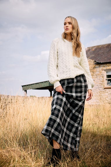 Long Tall Sally Black Cotton Check Side Tie Maxi Skirt