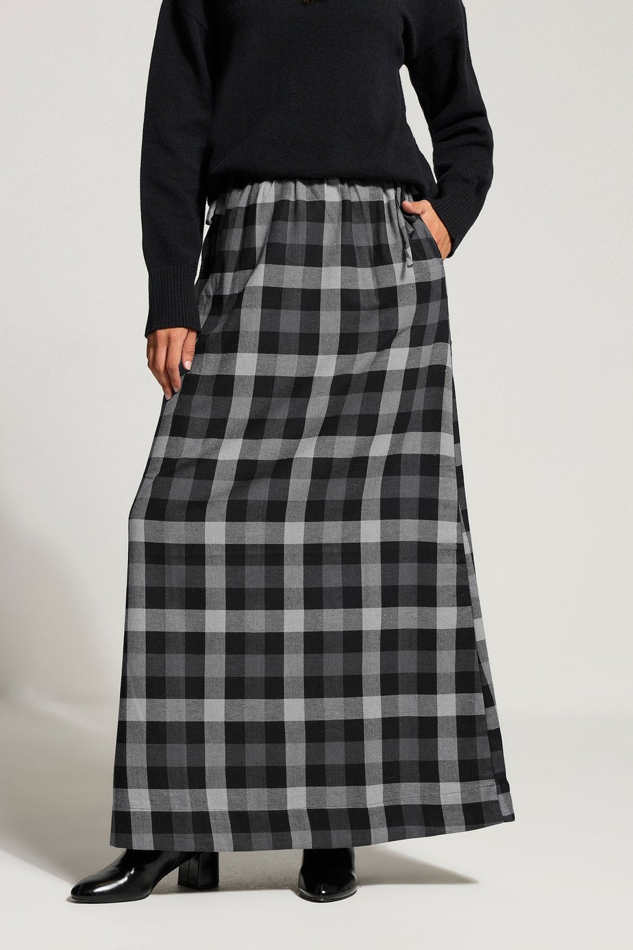 Long Tall Sally Black Cotton Check Side Tie Maxi Skirt