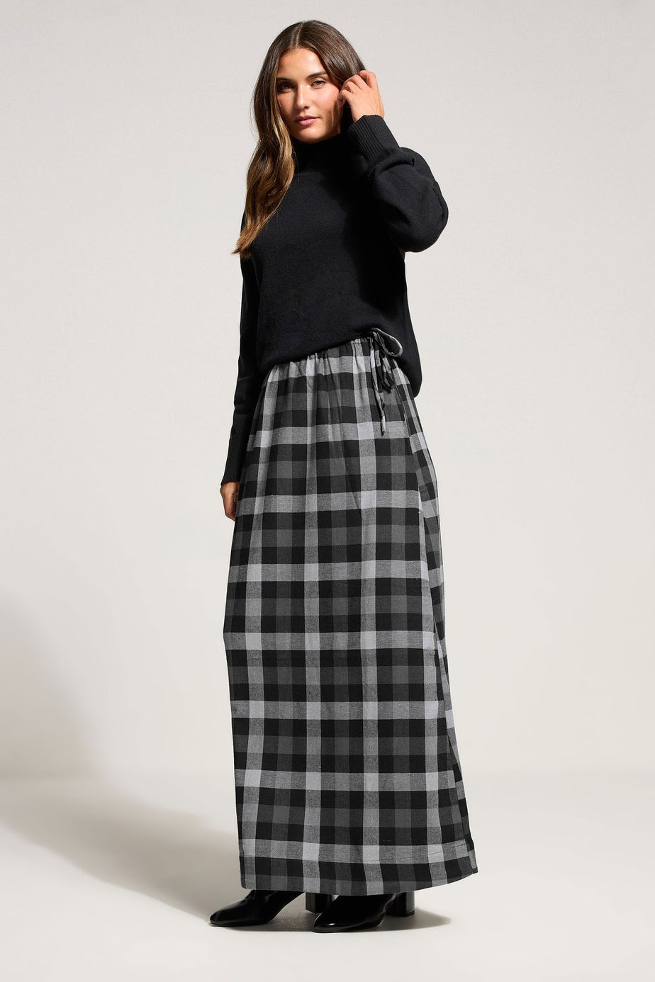 Long Tall Sally Black Cotton Check Side Tie Maxi Skirt