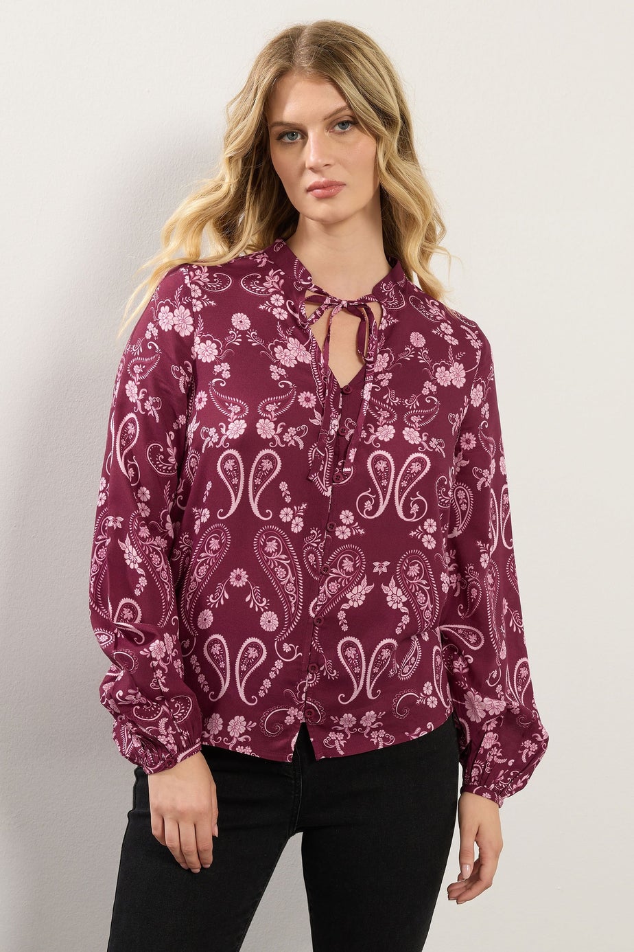 Long Tall Sally Dark Pink Paisley Button Tie Blouse
