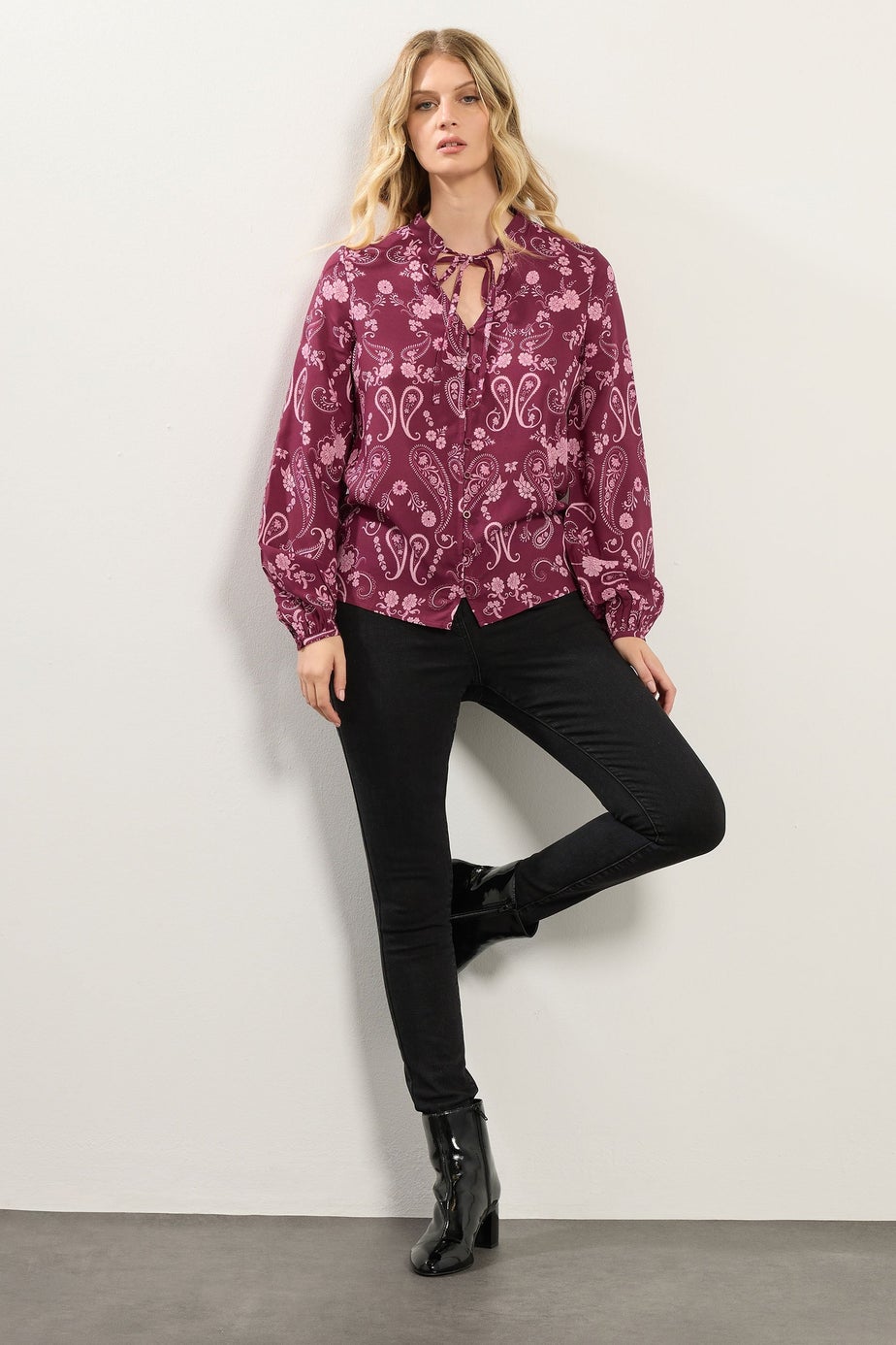 Long Tall Sally Dark Pink Paisley Button Tie Blouse