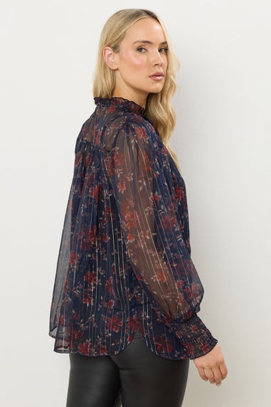 Long Tall Sally Navy Blue Floral Print Frill Neck Blouse