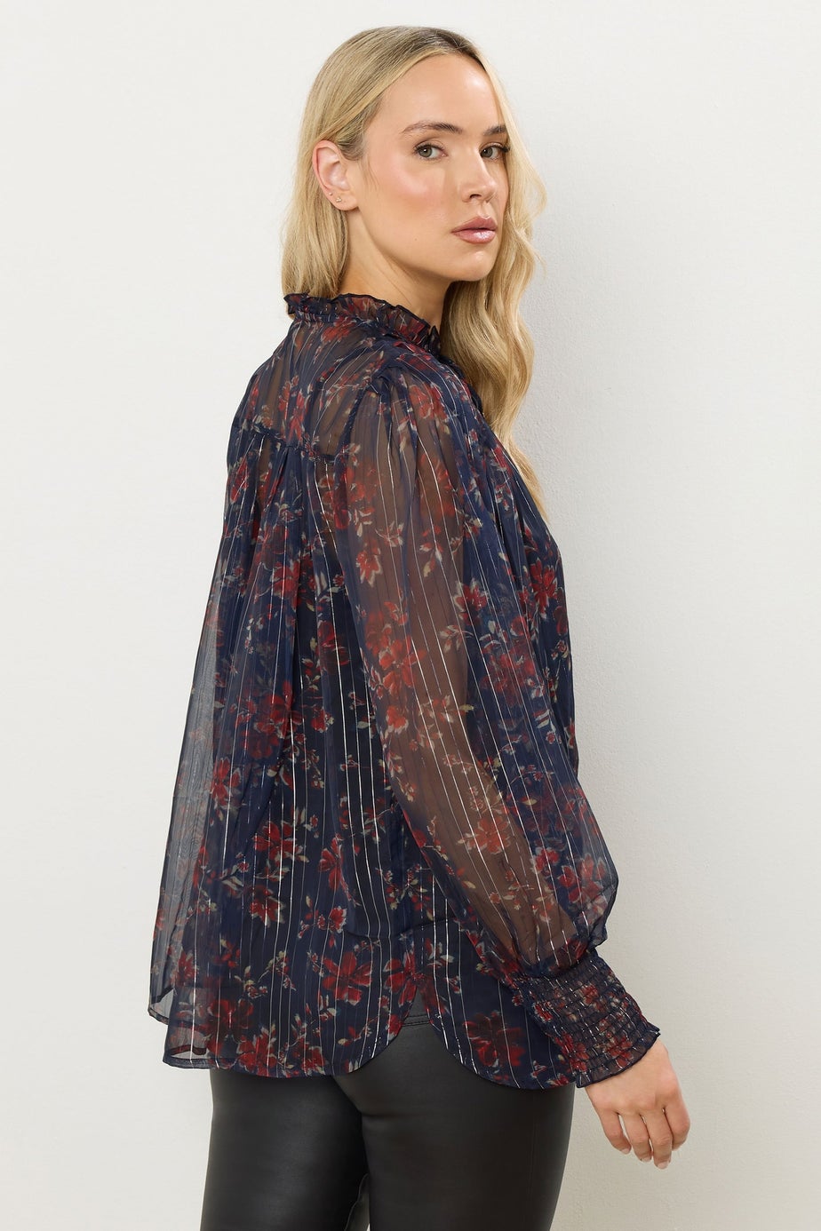 Long Tall Sally Navy Blue Floral Print Frill Neck Blouse
