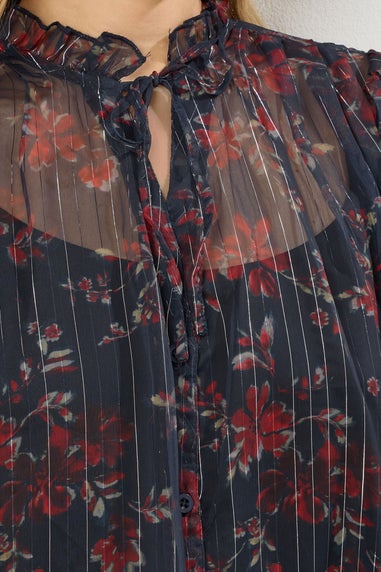 Long Tall Sally Navy Blue Floral Print Frill Neck Blouse