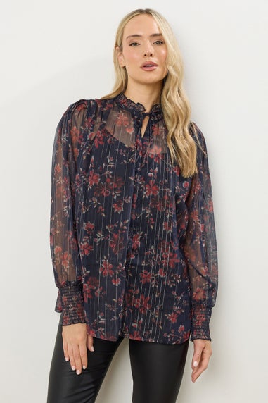 Long Tall Sally Navy Blue Floral Print Frill Neck Blouse