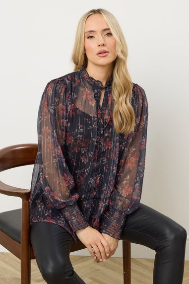 Long Tall Sally Navy Blue Floral Print Frill Neck Blouse