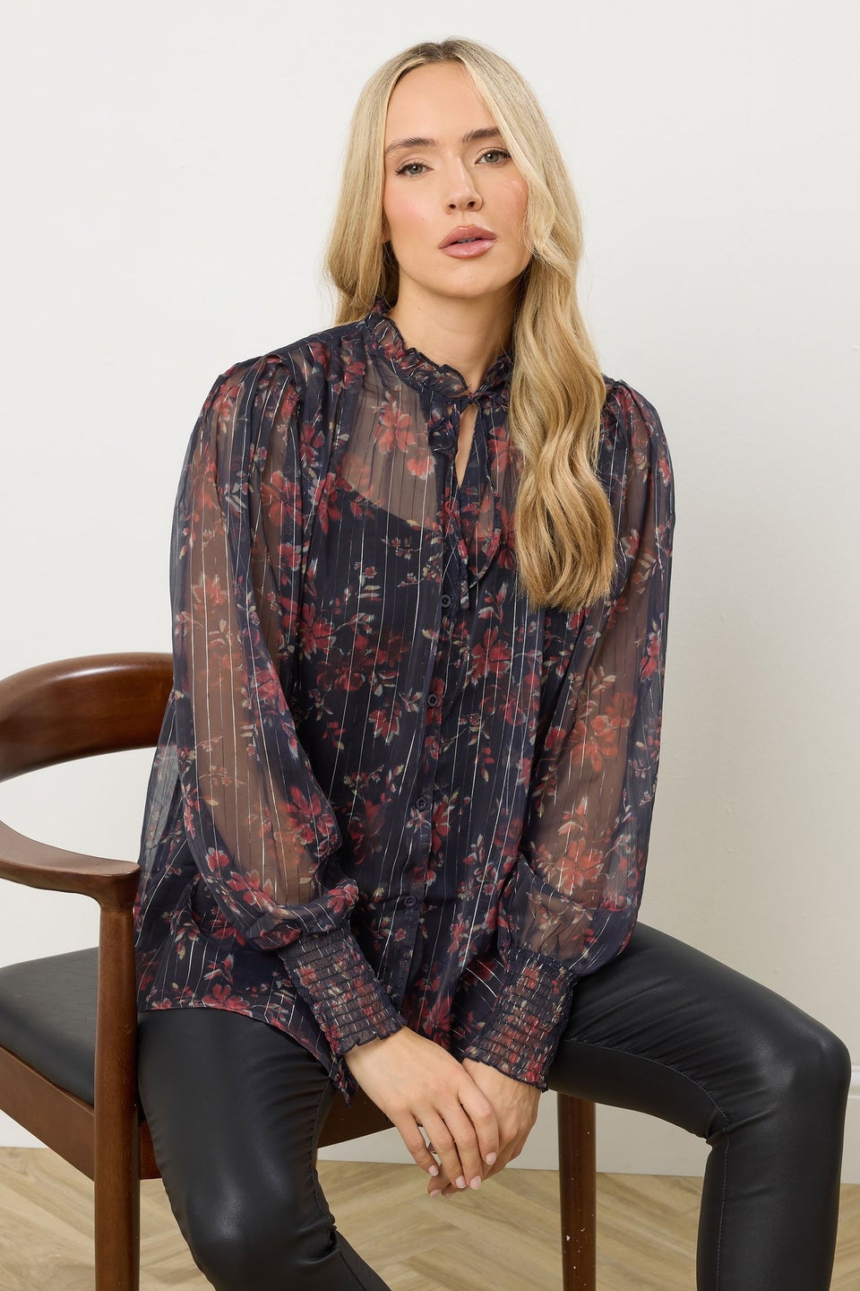 Long Tall Sally Navy Blue Floral Print Frill Neck Blouse