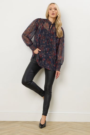 Long Tall Sally Navy Blue Floral Print Frill Neck Blouse