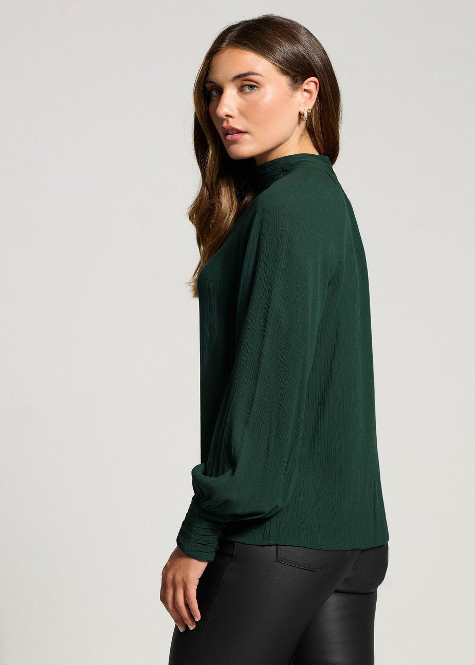 Long Tall Sally Dark Green High Neck Crinkle Blouse